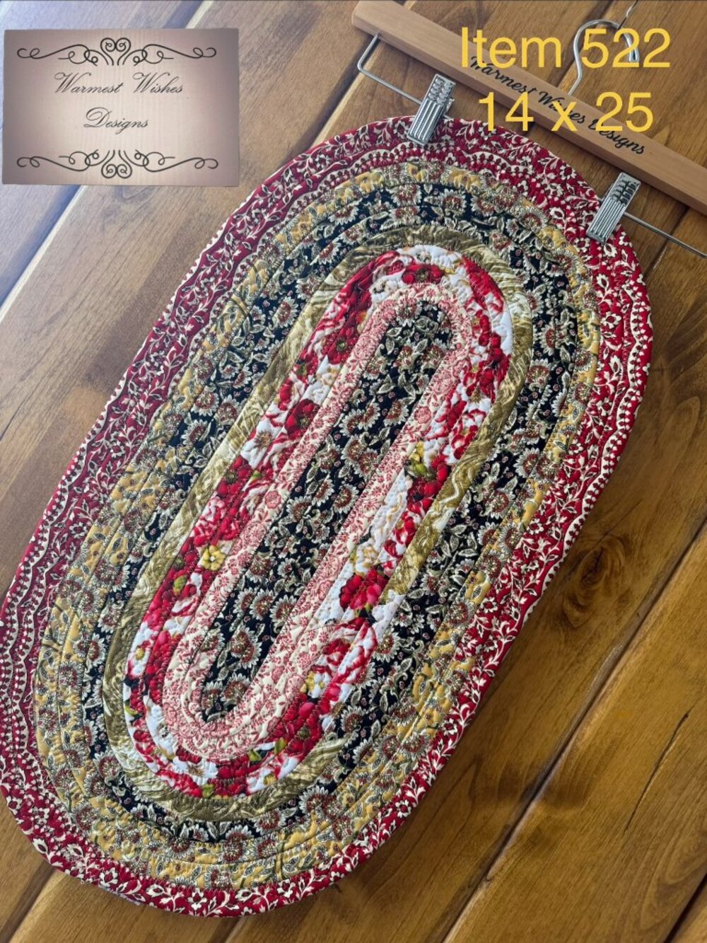 Handmade Jelly Roll Table Runner, Red Black Gold Floral Oval   14" x 25"